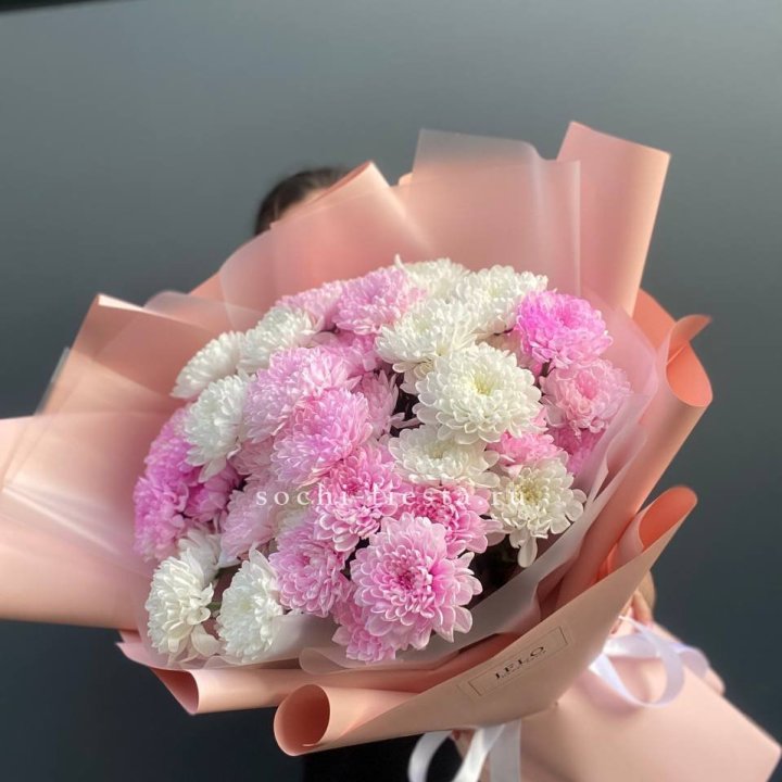  Букет бело-розовых хризантем  в Барнауле